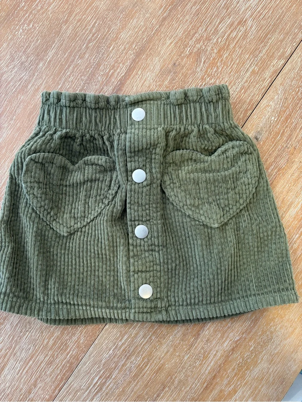 Adorable Toddler Girls Olive Green Corduroy Skirt with Heart Pockets